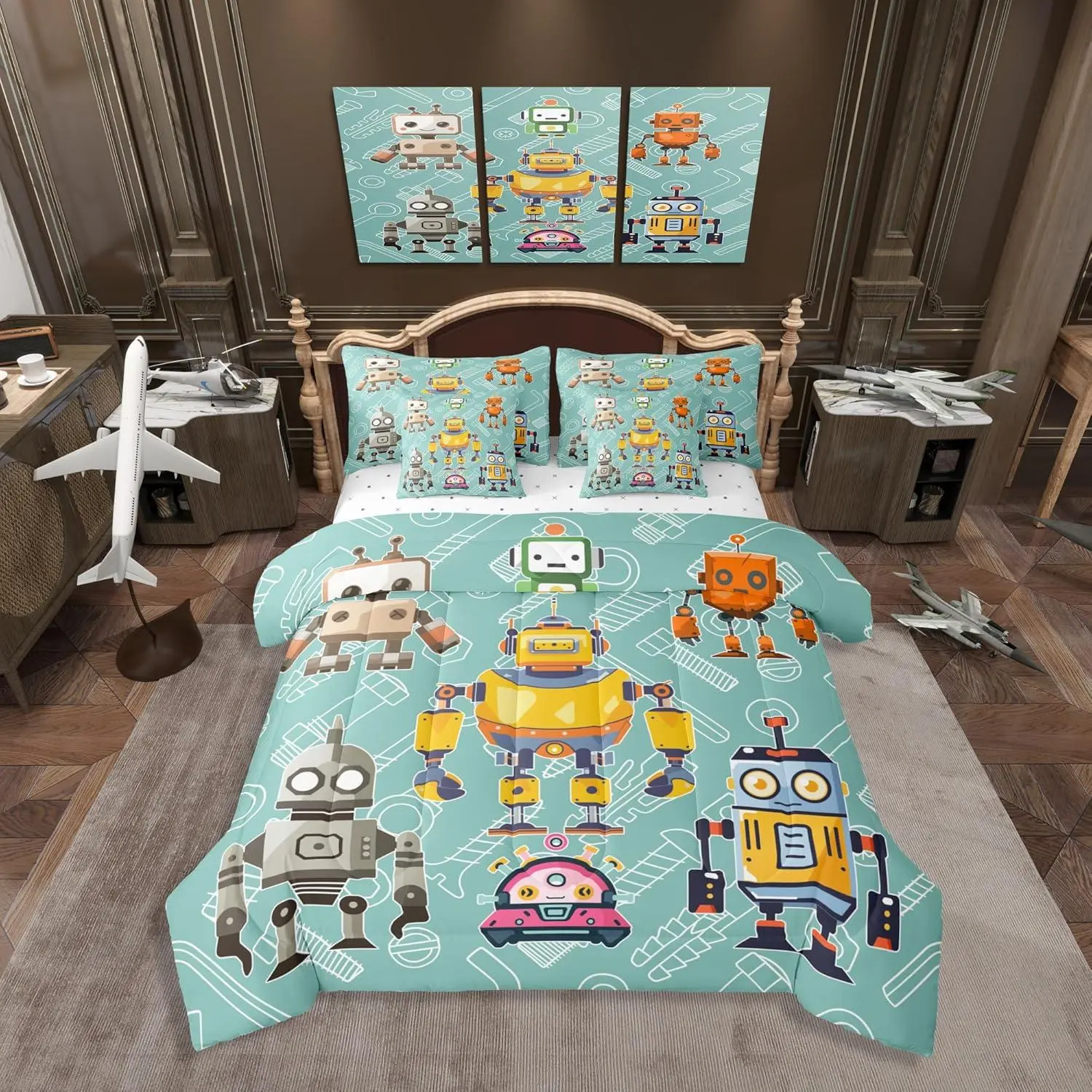 Cartoon Robot Comforter Set,7 Pcs,Colorful Intelligent Machine Graffiti Bedding Set,Cute Equipment Kids Boys Green(Comforter+Fitted+Flat Sheet+2 Pillowcases+2 Throw Pillow Covers)
