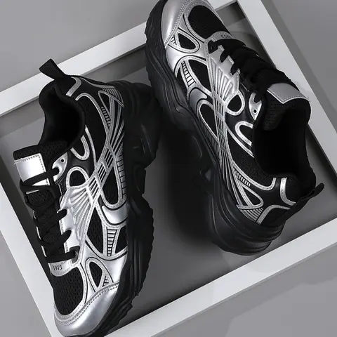 Silver Color High-Quality Men's Casual Shoes, Comfortable Sporty Outdoor Sneakers, Lace Up Trainers, Medium Width, All Seasons, Rubber Sole, Textile Upper
