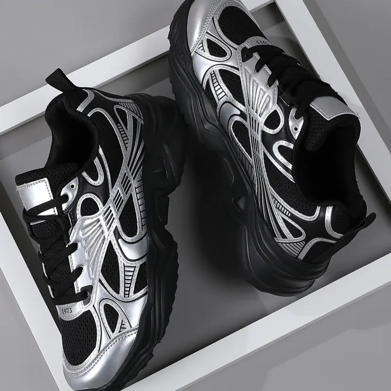 Silver Color High-Quality Men's Casual Shoes, Comfortable Sporty Outdoor Sneakers, Lace Up Trainers, Medium Width, All Seasons, Rubber Sole, Textile Upper