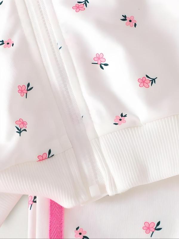 Girls Spring Autumn Floral Printed Hooded Zipper Jacket & Cuffed Long Pants Set, Toddler Cute Stylish Two-Piece for Girls, Baby Clothing