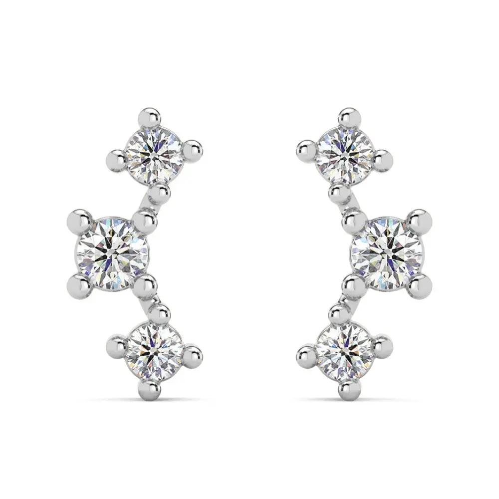 1/5Ct TW 3-Stone Diamond Crawler Earrings 14k Gold Studs Lab Grown 1/3" Tall