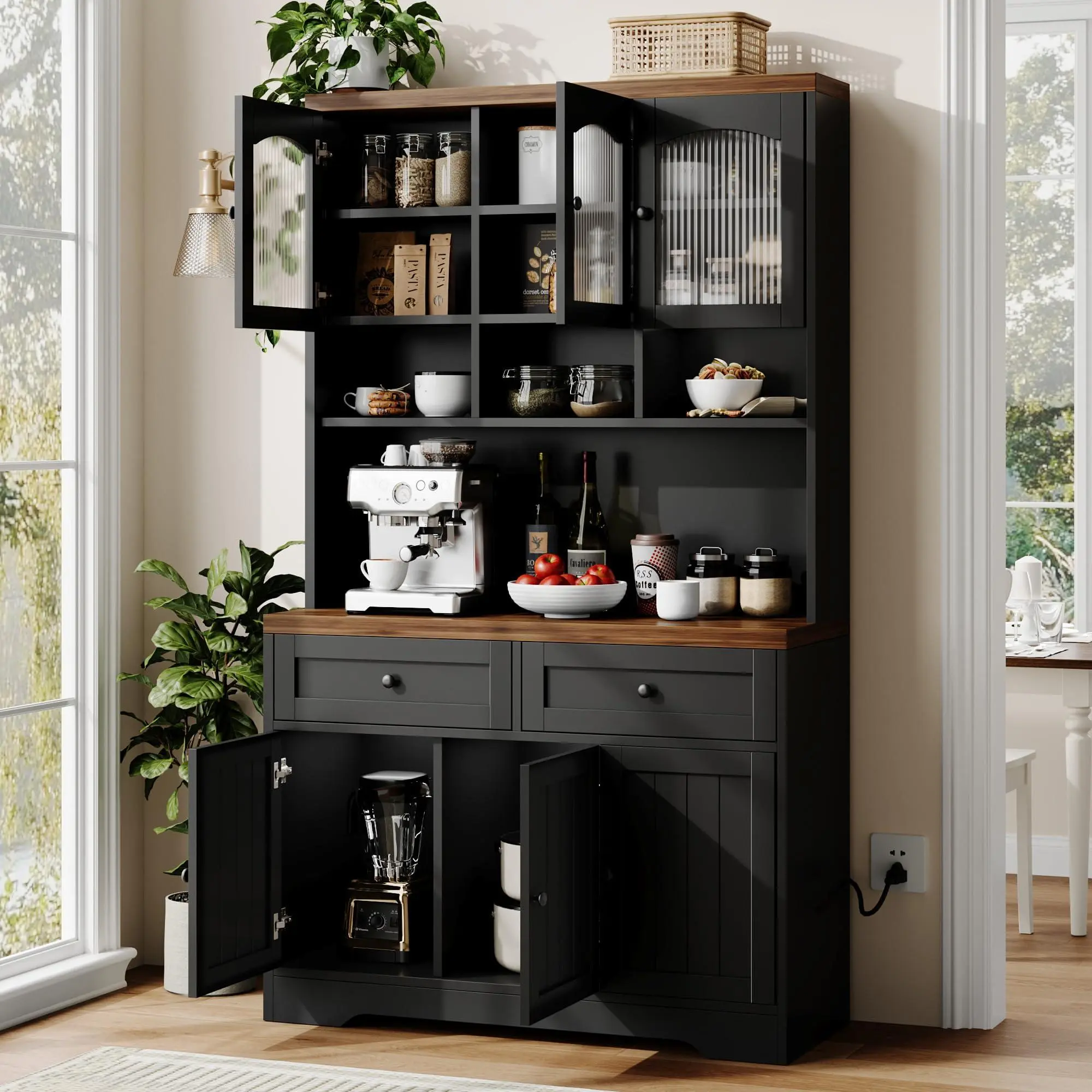 GARVEE Pantry Cabinet with Charging Station, Tall Kitchen Pantry Storage Cabinet with Hutch,70.8 Inch Kitchen Cabinet with 30mm Thickened Countertop, Fluted Glass Doors, for Dining Room, Black