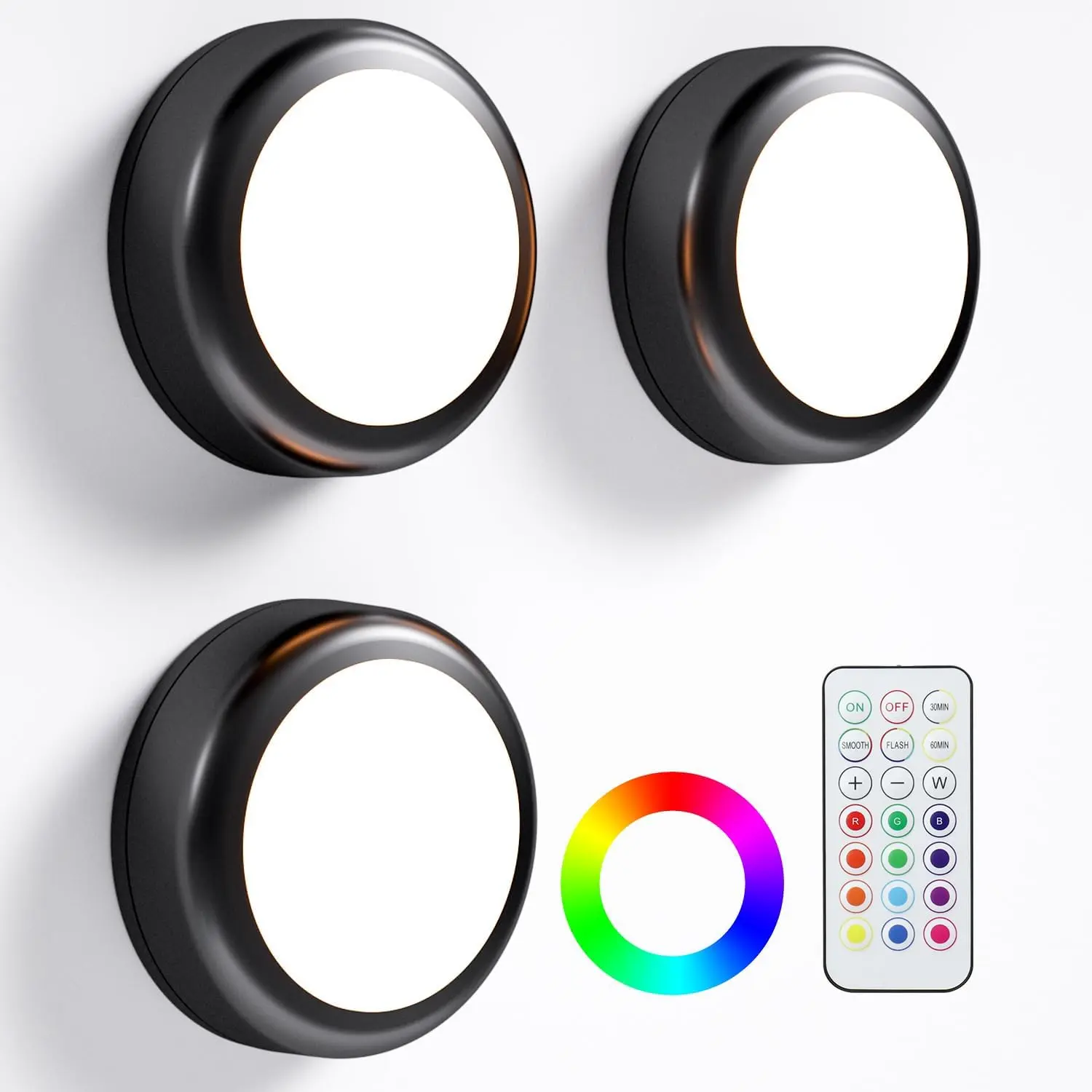 LED Puck Lights with Remote, 13-Color Under Cabinet Lighting ,  Operated Stick- Lights, Dimmable Push Light for Closet/Shelf/Wall (Black-3 Pack)