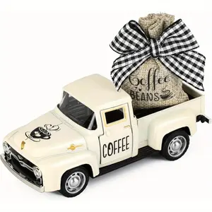 Vintage Metal Coffee Truck Decor with Coffee Beans & Burlap Sack - Mini Diecast Pickup for Farmhouse Coffee Bar, Tabletop Shelf Decor, No Electricity Needed, Coffee Bar Sign, Decorative Bow Detail, Rustic Style, Home Decorators Ornaments Decoration Black