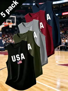 5-Pack Mixed Color Tank Tops, Breathable & Quick-Dry Sporty Tees, Ideal for Gym, Casual Wear, Men's Summer Clothing, Sleeveless Sports Vest
