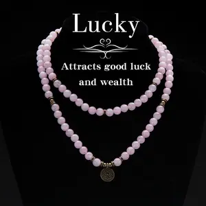 ARPURRAINA Lucky 8mm Crystal Rose Quartz Healing Stone 108 Mala Beads Luck Necklace Long Beaded Wrap Bracelets Genuine Gemstone Mala Prayer Beads Lotus Buddha Charm Yoga Meditation Necklace Jewelry Elegant with Lotus Gift Ramadan Long Chain Sweater Chain