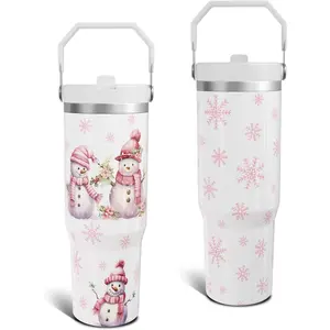 Christmas White Gifts for Women Men, 30 Oz Tumbler with Top Handle and Flip Straw, Xmas Snowman Stainless Steel Insulated Travel Coffee Cup, Winter Holiday Water Bottle for Him Her (1 PC)