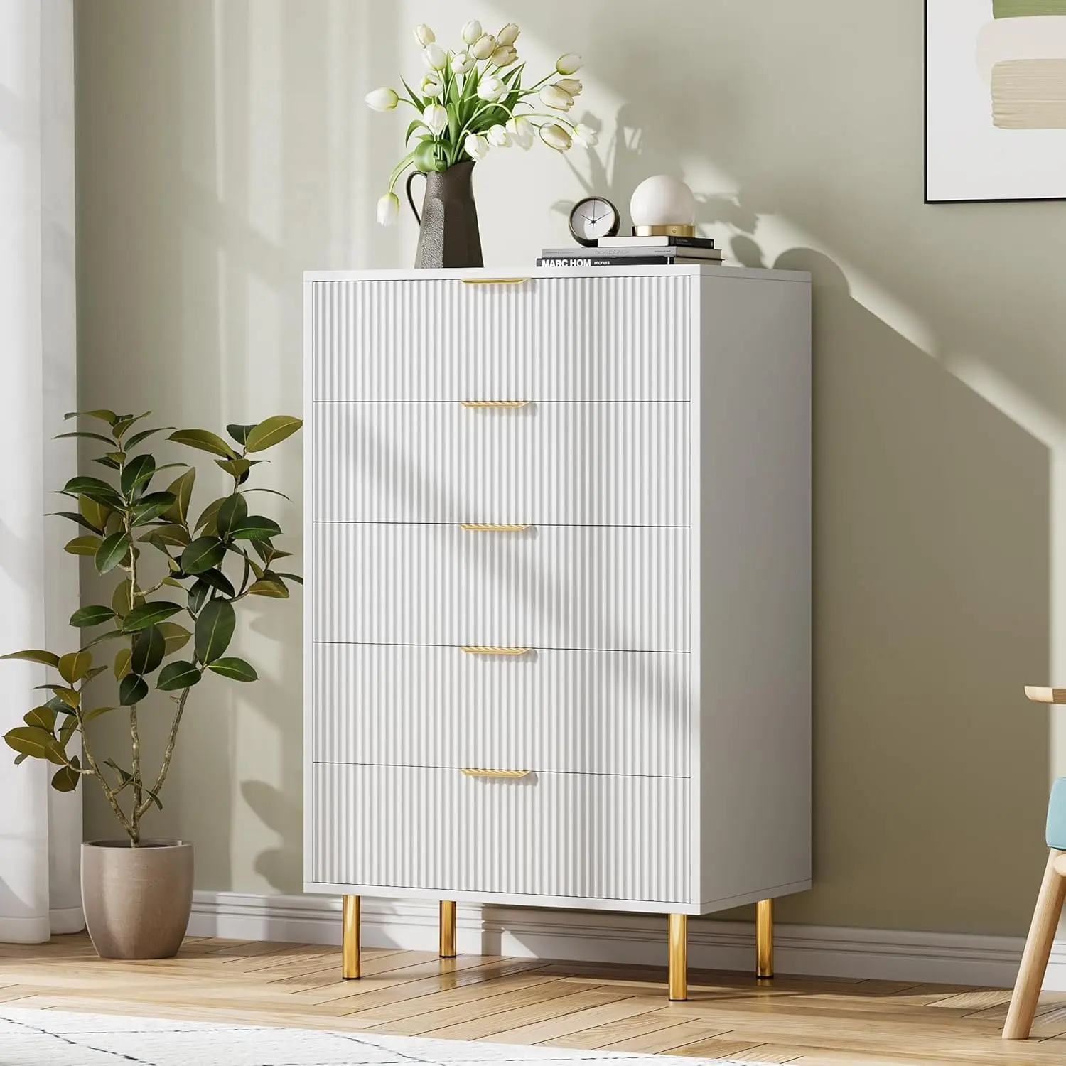 White Dresser - Modern Single Unit Wooden Storage Cabinet with Fluted Drawers, Gold Handles, Anti-Tip Legs, 18.1" d x 29.5" w x 48" h Tall Stable Organizer for Bedroom, Living Room, Assembly Required