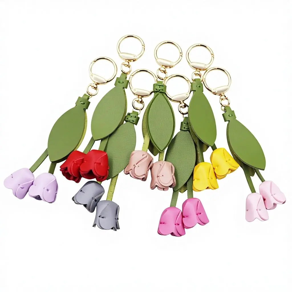 Handmade PU Leather Keychain Bag Charm, Stylish Tulip Flower Pendant, Artistic Floral Decor, Durable Accessory For Handbag, Car Key, Backpack And Daily Use
