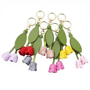 Handmade PU Leather Keychain Bag Charm, Stylish Tulip Flower Pendant, Artistic Floral Decor, Durable Accessory For Handbag, Car Key, Backpack And Daily Use