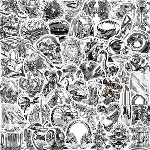 Silver Themed Art Sticker, 50pcs/set Self Adhesive Decorative Sticker, DIY Decals for Water Bottle, Laptop, Phone Case, Scrapbooking, Journal Making