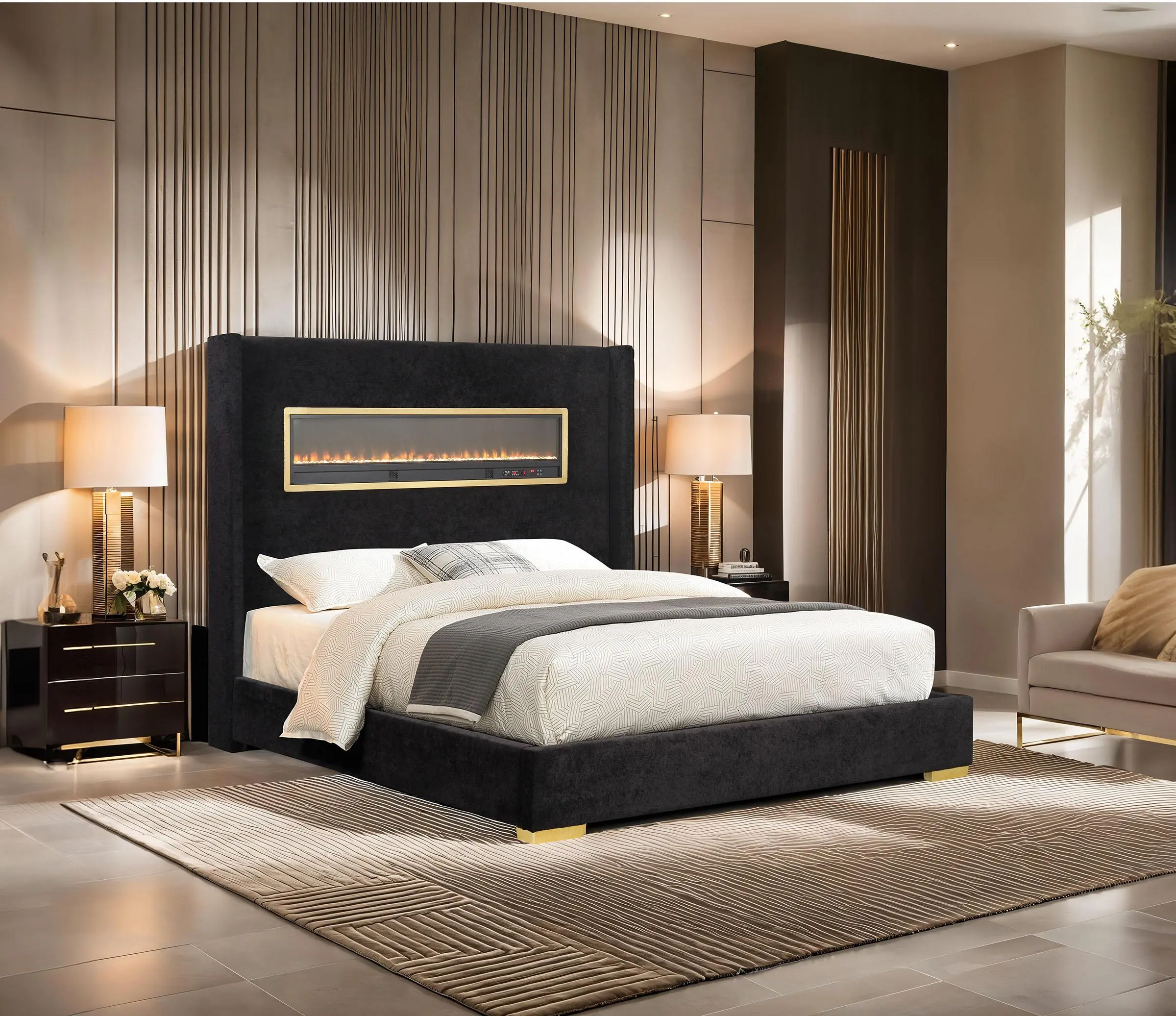 DANVERS Contemporary Bed with 3D Fireplace & Bluetooth