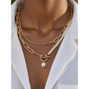 Elegant gold or silver pearl chain necklace for women, geometric long layered chain with pendant, modern vintage fashion jewelry (1 piece)