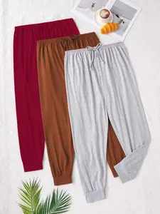 3-Piece Plain Bow-Tie Waistband Long Pants Sleepwear Set, Comfortable Home Wear, Simple Design, No Print, Soft Fabric, Pajama Set