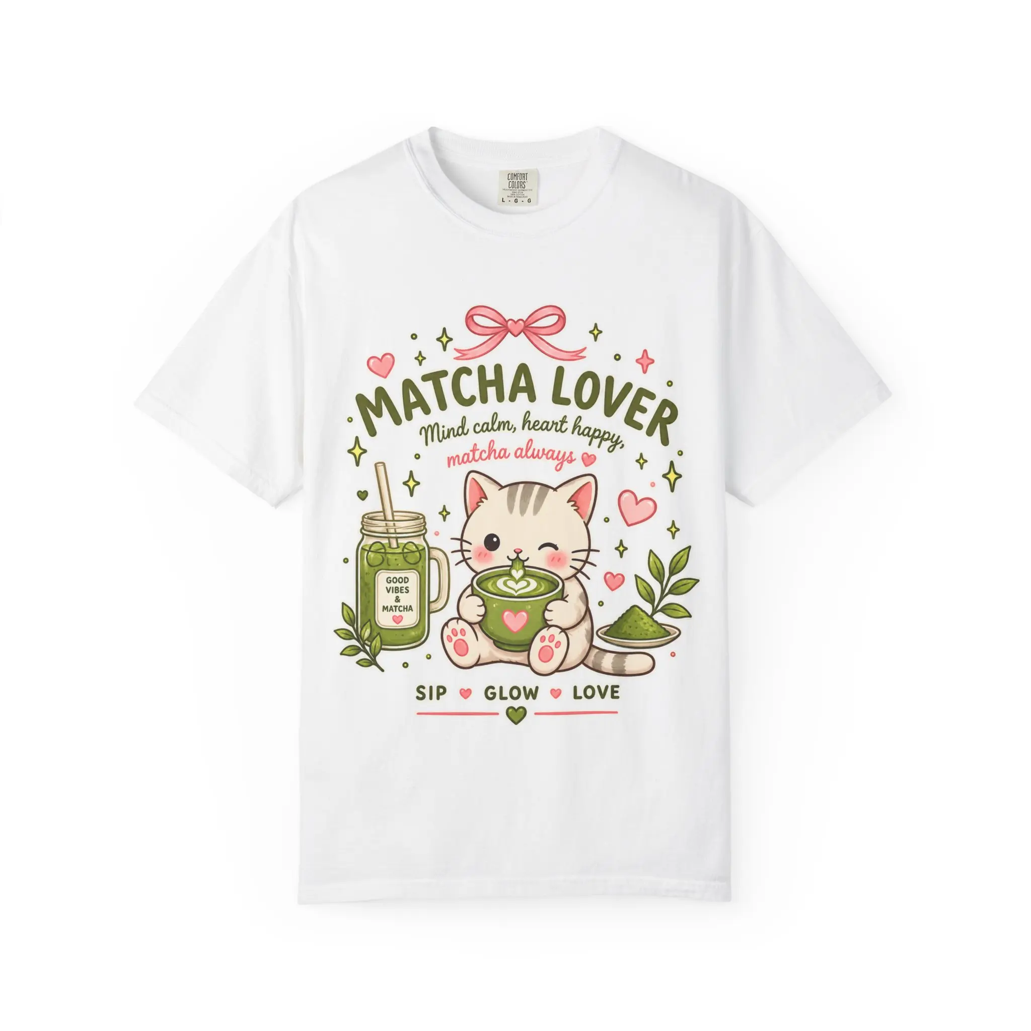 Matcha Lover Cat Tee | Cute Matcha Kitty Illustration, Sip Glow Love T-Shirt