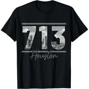 Houston 713 Area Code Skyline Texas Pride Vintage T-Shirt Graphic casual soft cotton loose fit Man Menswear Top Blazer