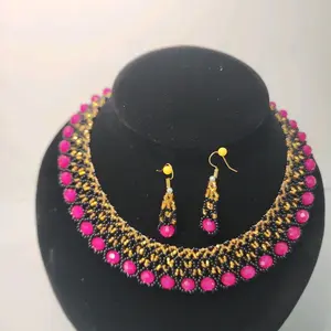 Elegant Beaded Necklace Set with Pink and Gold Color Beads  Accents for Women's Fashion