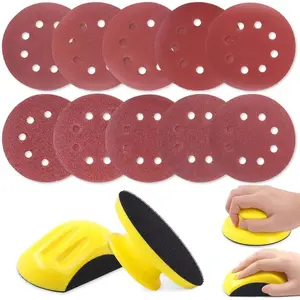 62 count 5 Inch Hand Sanding Blocks Round and  Hand Sanding pad with 60 count 8 Hole Hook and Loop Sanding Disc Set for Woodworking, Furniture Restoration,  and Automotive