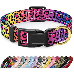 Reflective Dog Collar for Medium Dogs, Cute Leopard Style Adjustable Heavy-Duty Nylon Puppy Collar for Boys Girls, Soft Pet Accessories with Quick Release Buckle, Neon