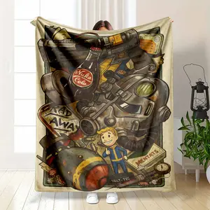 Retro Vault Hero Flannel Blanket Vintage Wasteland Adventure Print Design Soft Cozy Warm Reversible Lightweight Throw Perfect for Bedroom Sofa Office Lounge Gaming Room Dorm Gift Decor