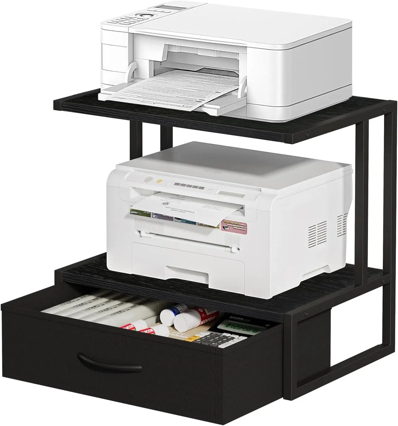 Printer Stand with Storage for Desk, with Fabric Drawer Desktop Printer Stand Shelf Organzier for Home Office, for Above and Under Desk Printer Table, Fax Machine Copier Scanner, Black