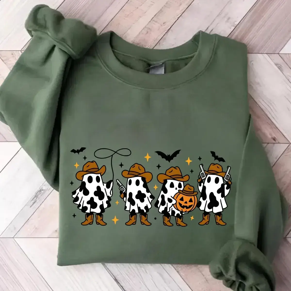 Cowboy Ghost Halloween Sweatshirt, Cute Cow Print Ghosts With Western Hats Boots Lasso And Pumpkin Bucket Gildan Sweatshirt, Spooky Season Outfit, Fall Gift For Women.