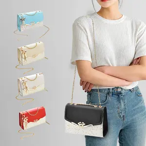 Evening Chain Strap Crossbody Bag for Women Bow Pearls Pendant Shoulder Purse PU Leather Satchel with Flap Design for Valentine's Day Christmas Gifting