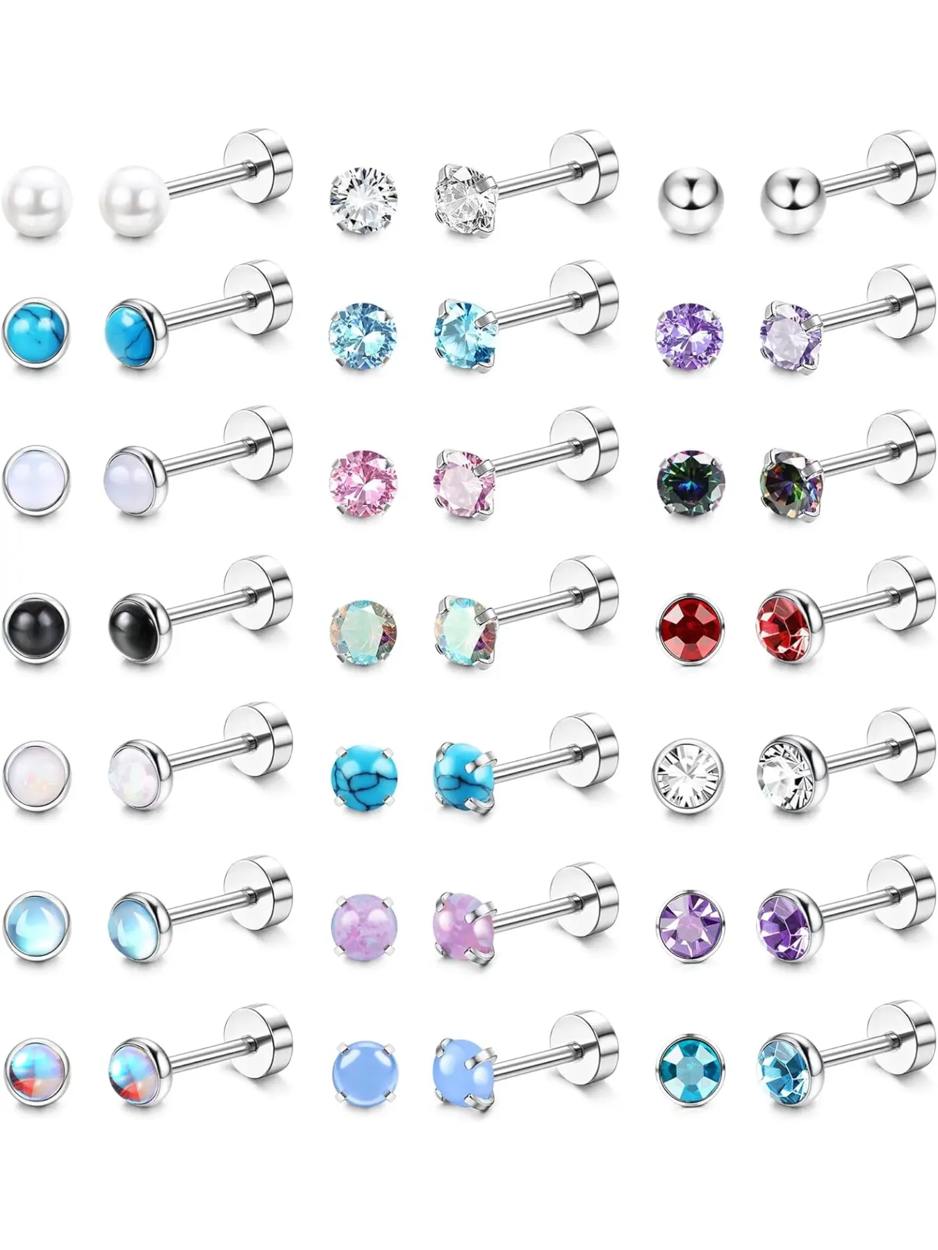 21Pairs Hypoallergenic Screw Back Stud Earrings for Women Men 20G Tiny Steel Flat Back Stud Earrings Set CZ Cubic Zirconia Opal Moonstone Turquoise Flatback Earrings Cartilage Earrings Piercing Jewelry Ear Studs