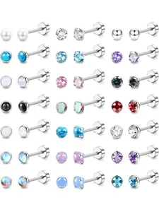 21Pairs Hypoallergenic Screw Back Stud Earrings for Women Men 20G Tiny Steel Flat Back Stud Earrings Set CZ Cubic Zirconia Opal Moonstone Turquoise Flatback Earrings Cartilage Earrings Piercing Jewelry Casual Trendy Jewelry