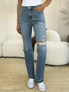 Judy Blue Women's Mid-Rise Distressed Jeans with Destroyed Hem, Cotton Basic Everyday Fit Tee-Compatible Style 82631