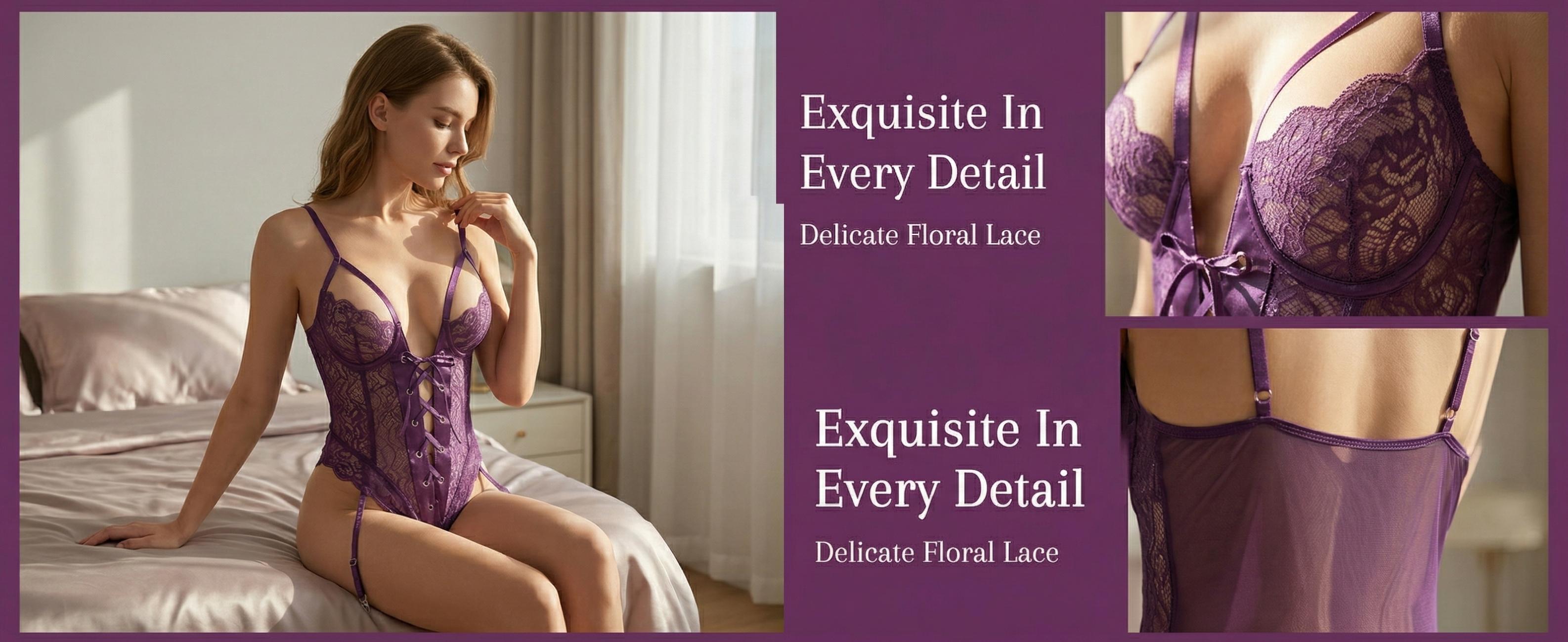 SILIX Purple Lace Bodysuit | Sexy Feminine Lingerie Set Underwear | Form-Fitting | Breathable Lace-Up | Summer Women Sleepwear