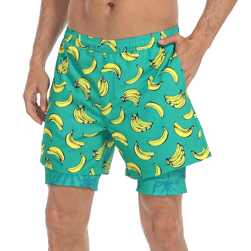 LRD Men's 5" Printed Above-the-Knee Synthetic Activewear Swim Trunks - Quick-Dry Wick, Compression Liner, Back Zipper Pocket, Elastic Waistband for Beach, Kayaking