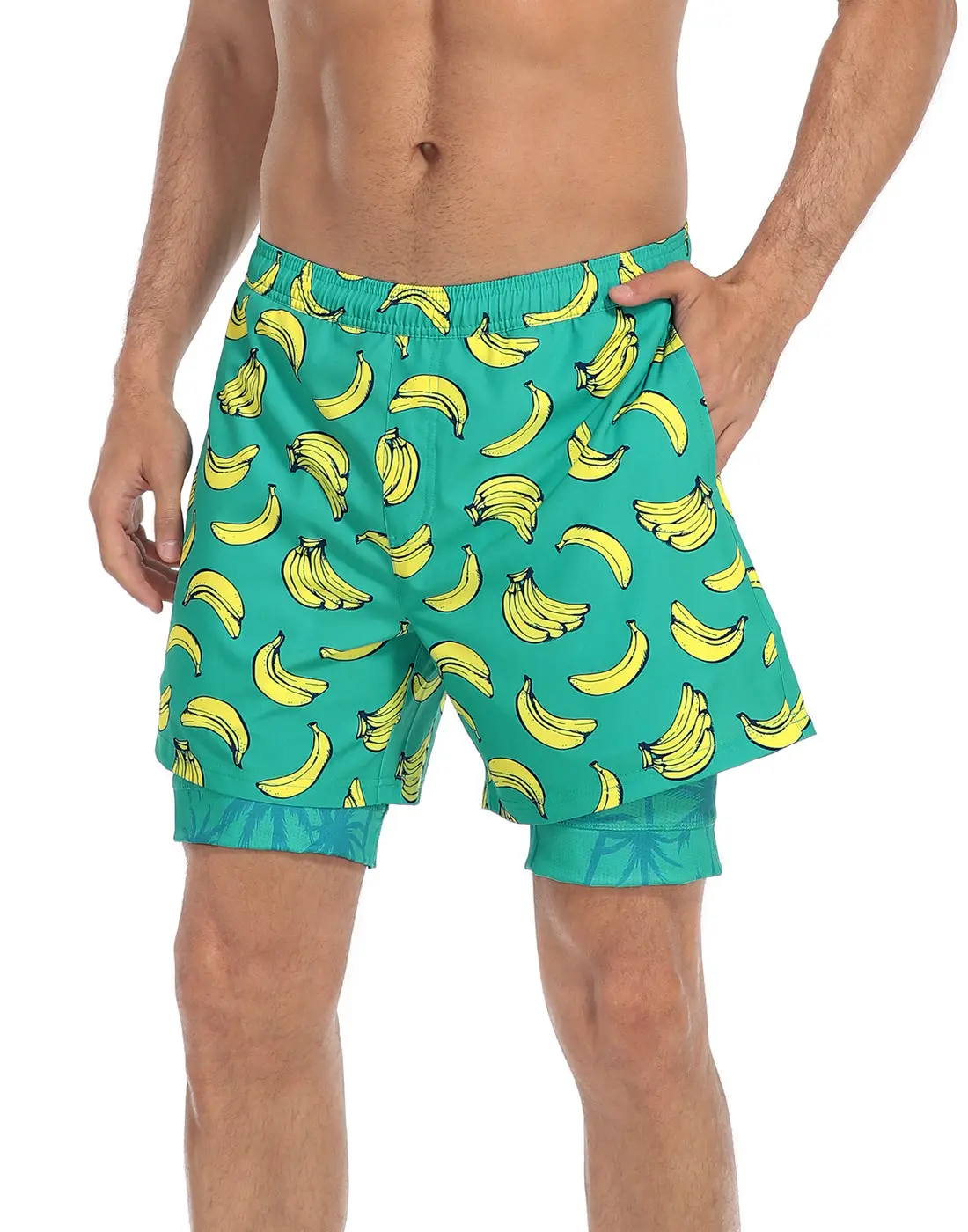 LRD Men's Printed 5" Swim Trunks with Compression Liner and Pockets - Quick Dry Beach Shorts for Men