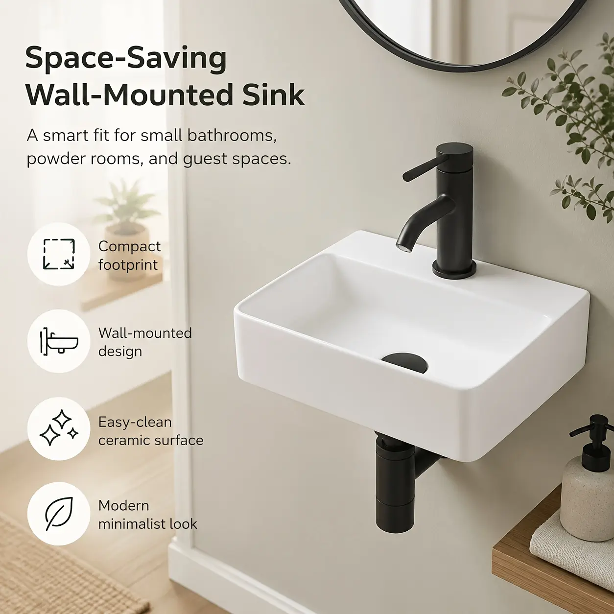 14.5 in Square Wall-Mount Ceramic Bathroom Sink, Easy-Clean Space-Saver Basin for Small Bathrooms, Powder Rooms (Faucet & Drain Not Included)