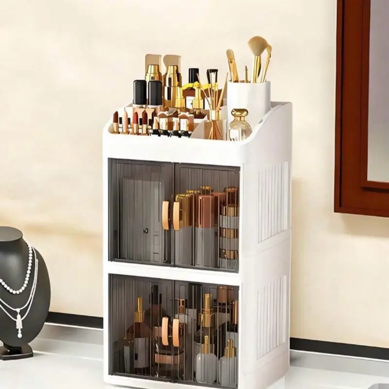 Women's 2-Tier Eco-Friendly Plastic Cosmetic Storage Box, Modern Foldable Design with Sliding Door, Clear Cover, Stackable Containers, Large Capacity Organizer for Skincare, Ideal Gift