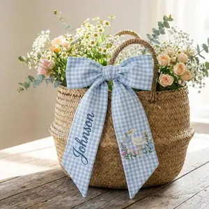 Embroidered Newborn Name Sash Bow, Personalized Seersucker Basket Ribbon, Custom Monogram Baby Bow, Boy Girl Hospital Door Decor
