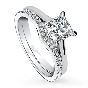 BERRICLE Sterling Silver Solitaire Wishbone Engagement Promise Rings Stackable Band for Her, 1.2 Carat Princess Cut Cubic Zirconia CZ Ring Set
