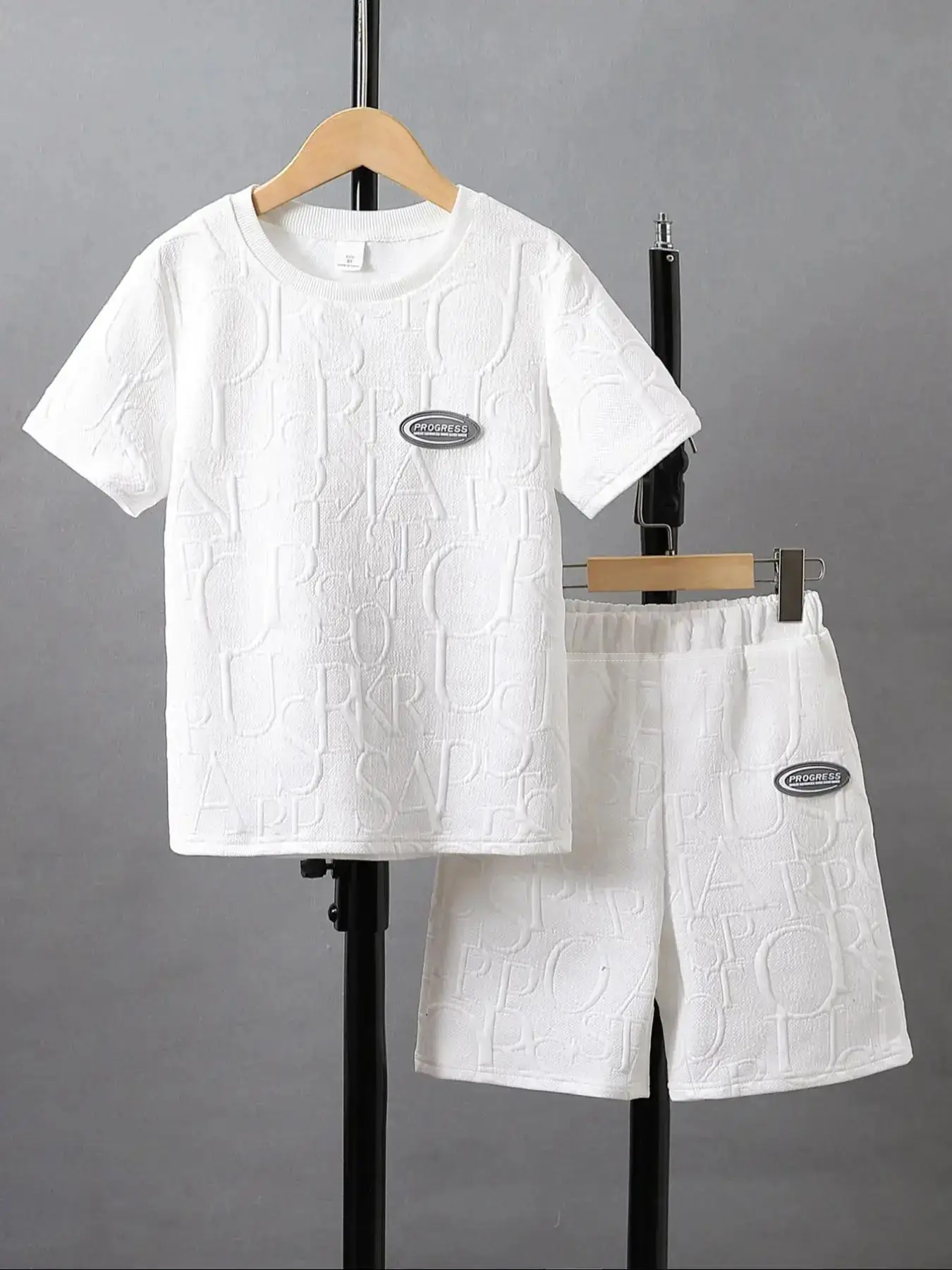 Boy's Letter Jacquard Patched Short Sleeve Tee & Elastic Waist Shorts Set, Casual Round Neck T-Shirt & Track Shorts For Daily Wear, Kids Summer Clothe