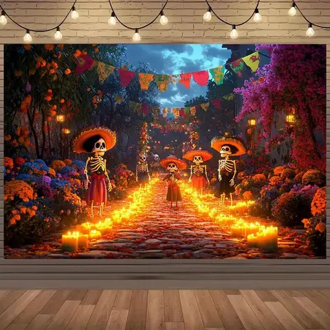 Dia de los Muertos Rectangular Polyester Fabric Wall Tapestry - Lightweight Colorful Artwork, Multi-Size Sugar Skull Ofrenda Backdrop, Carnival Decor, Instant Festive Wall Statement for Bedroom