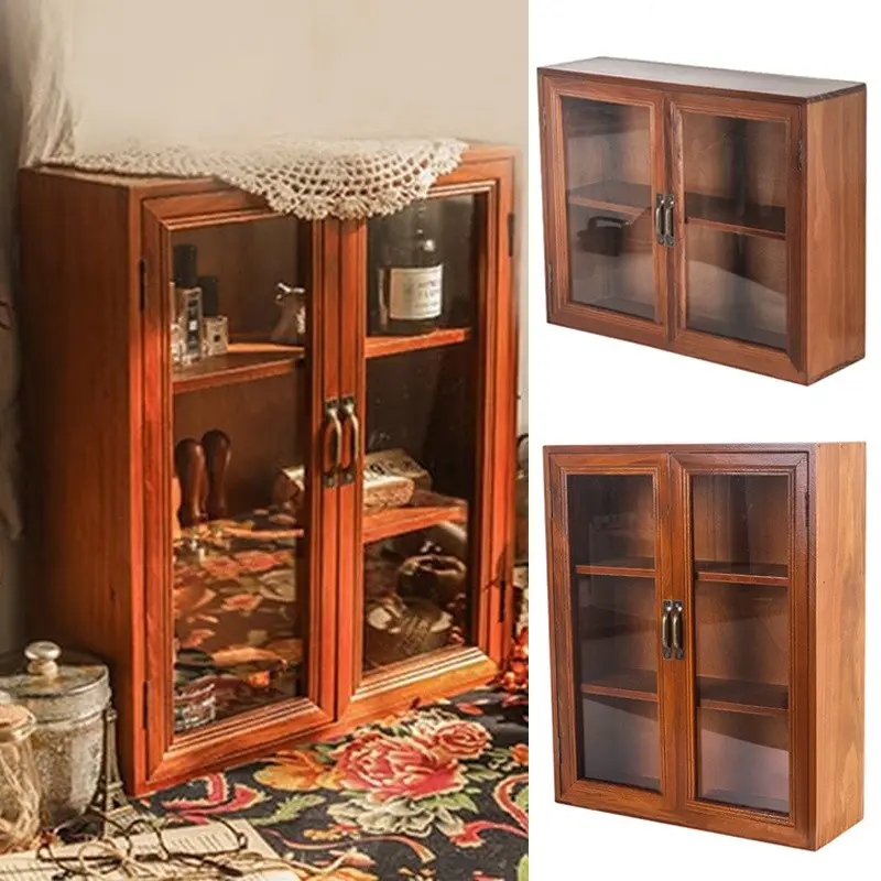 1pc Vintage Wooden Acrylic Cabinet, Cosmetic Storage Box, Wooden Tabletop Shelf, Miscellaneous Stationery Storage Box