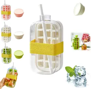 2-in-1 Ice Cube Bottle with Straw,Easy Press Ice Tray,Leak Proof Lid,Lid&Webbing,Leakproof,BPA-Free,Touch-Free Ice Release,Reusable Leakproof Silicone Ice Mold for Freezer,Whiskey,Cocktail,Summer Drinks,Travel,Gym&Home Essential