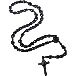 Christian Handmade Wooden Catholic Rosaries Necklace, Prayer Beads Holy Soil Medal & Cross, Catholic Wooden Rosary Beads