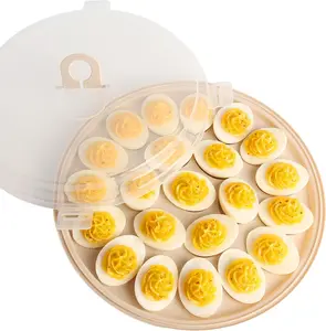 Deviled Egg Platter, Round Deviled Egg Tray Brown Deviled Egg Carrier with Lid 22 Egg Slots for Home Kitchen Supplies