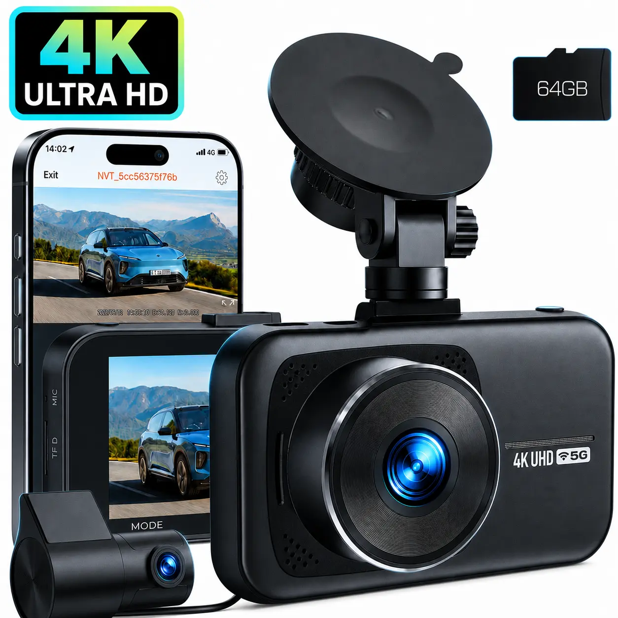 LAMTTO 4K WiFi Dash Cam Front and Rear, Dual Channel Dash Camera with Night Vision, 5G WiFi App Control, G-Sensor, Loop Recording, Parking Monitor, Car DVR Driving Recorder with Free 64GB Card , Wifi Car Dashcam — Summer Essential