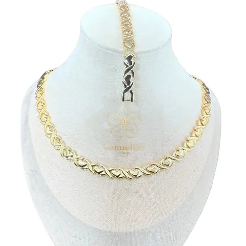 14k Gold Plated Heart Shaped XOXO Choker cod 7011 Necklace 18 Inches & 7.5 Inches Set with Matching Bracelet for Women Evening Wear