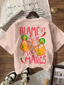 Ladies' Pink Margarita Cocktail Print Collared T-Shirt, Fun Casual Top For Brunch & Beach Days