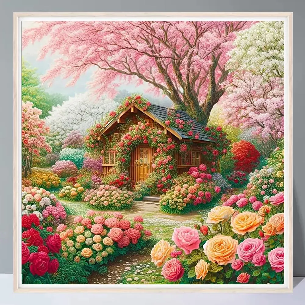 Rose Flower House Scenery DIY Diamond Art Kit without Frame, Full Round Gems Decoration Mosaic Art Kit, Wall Art Decor for Home