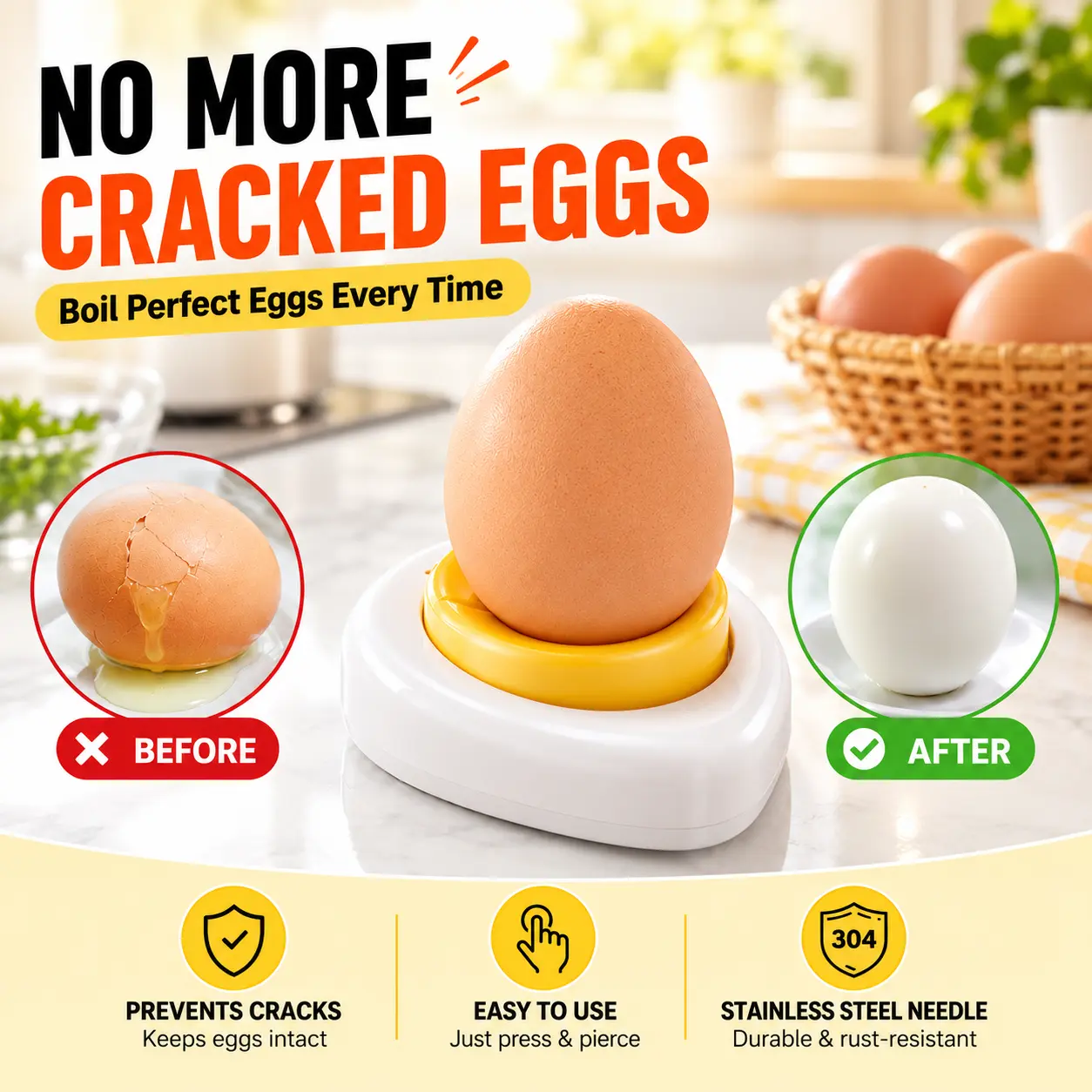 2 PCS Egg Piercer Tool with Stainless Steel Needle, One-Press Egg Hole Puncher to Help Prevent Cracking While Boiling, Compact Kitchen Gadget for Chicken, Duck, Goose and Quail Eggs