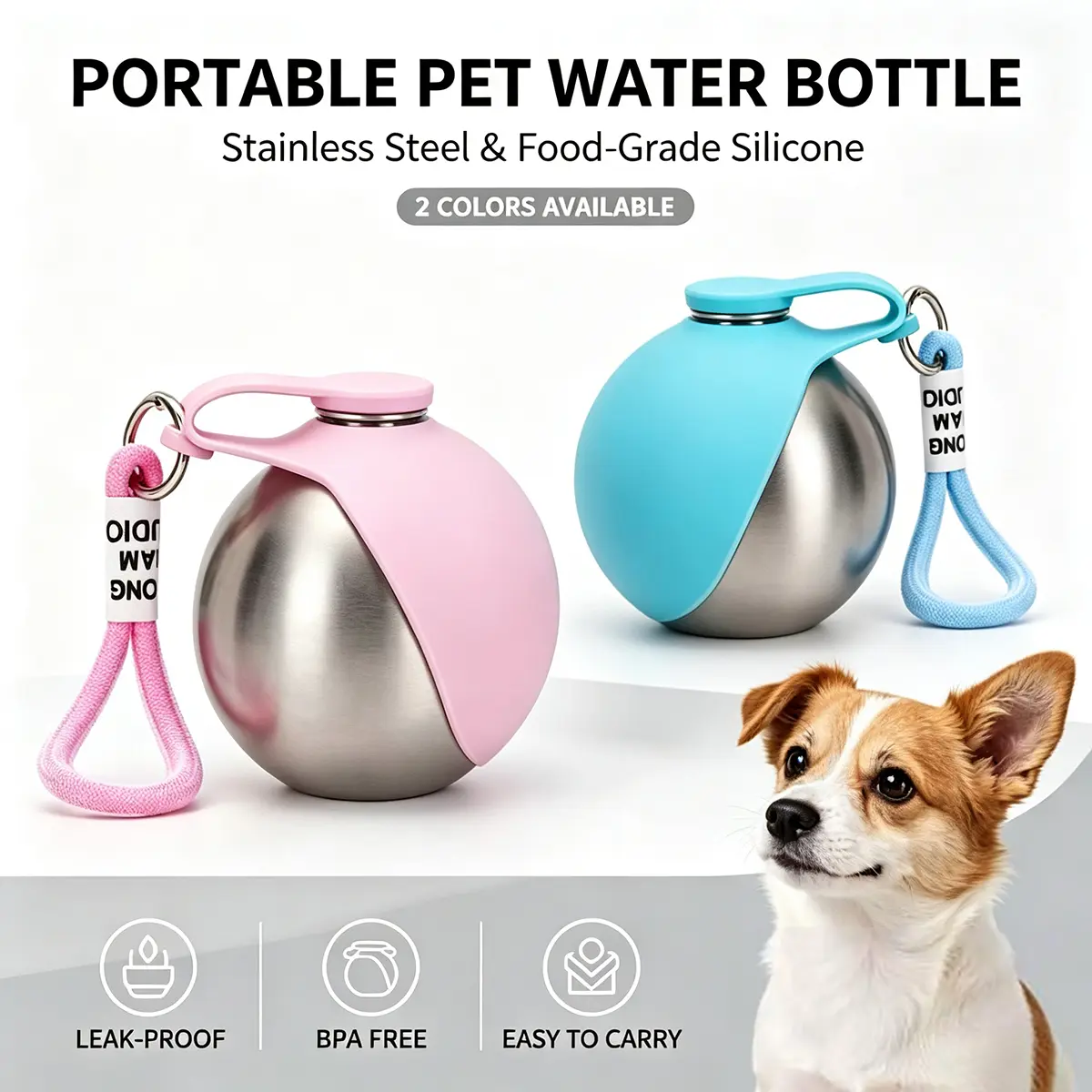 2 in 1 9.6oz Pet Water Bottle Stainless Steel- Leak-Proof Mess-Free Travel Bottle for Dogs, Perfect for Walks & Road Trips, Mess-Free Water Bottles