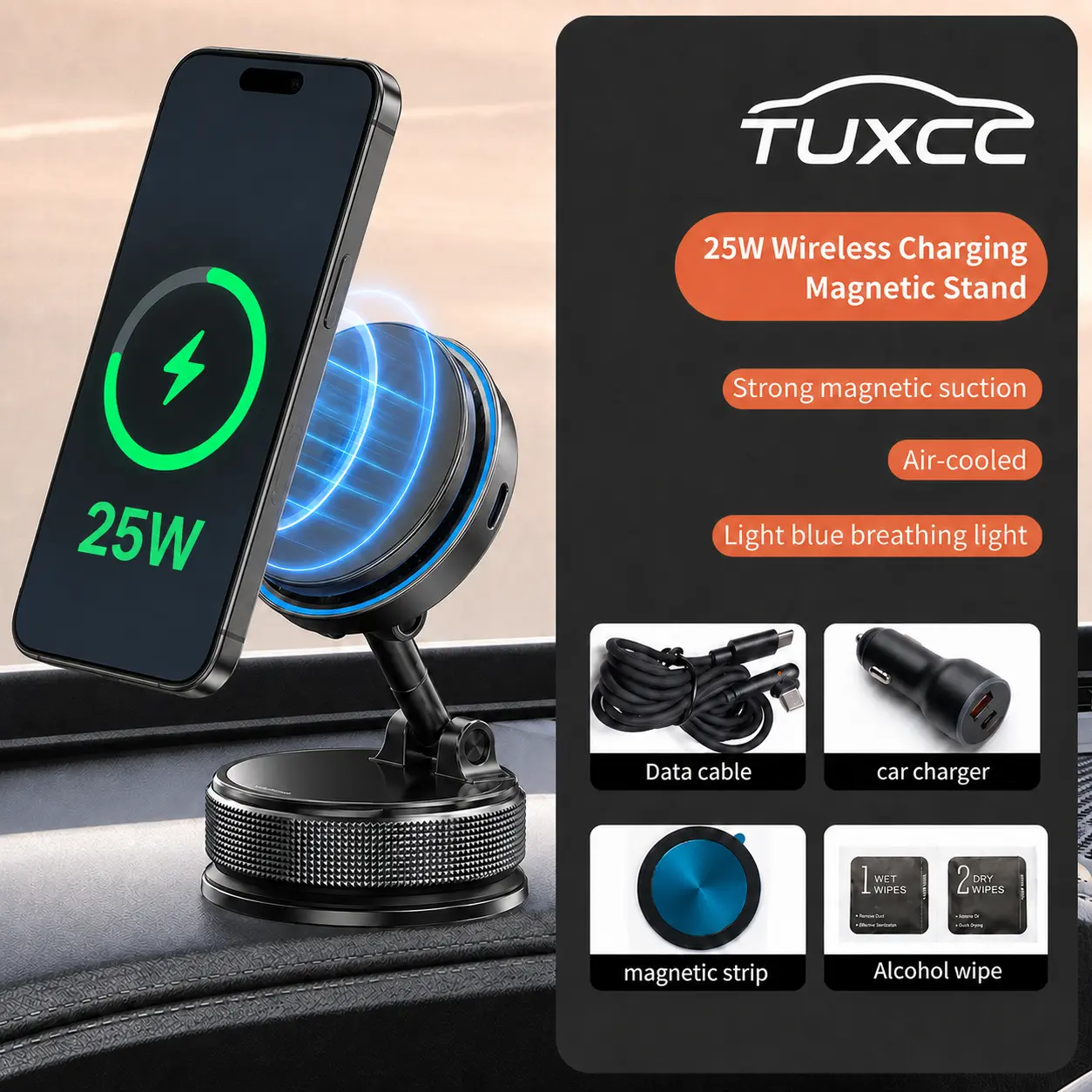 TUXCC for 25W MagSafe Car Phone Mount Charger, 25W Super Fast Charging Magnetic Wireless Car Charger,360° Adjustable,Vacuum Magnetic Car Phone Holder for iPhone 17-12,Samsung& Android